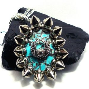 Silver & Turquoise Spiked Winged Heart Necklace